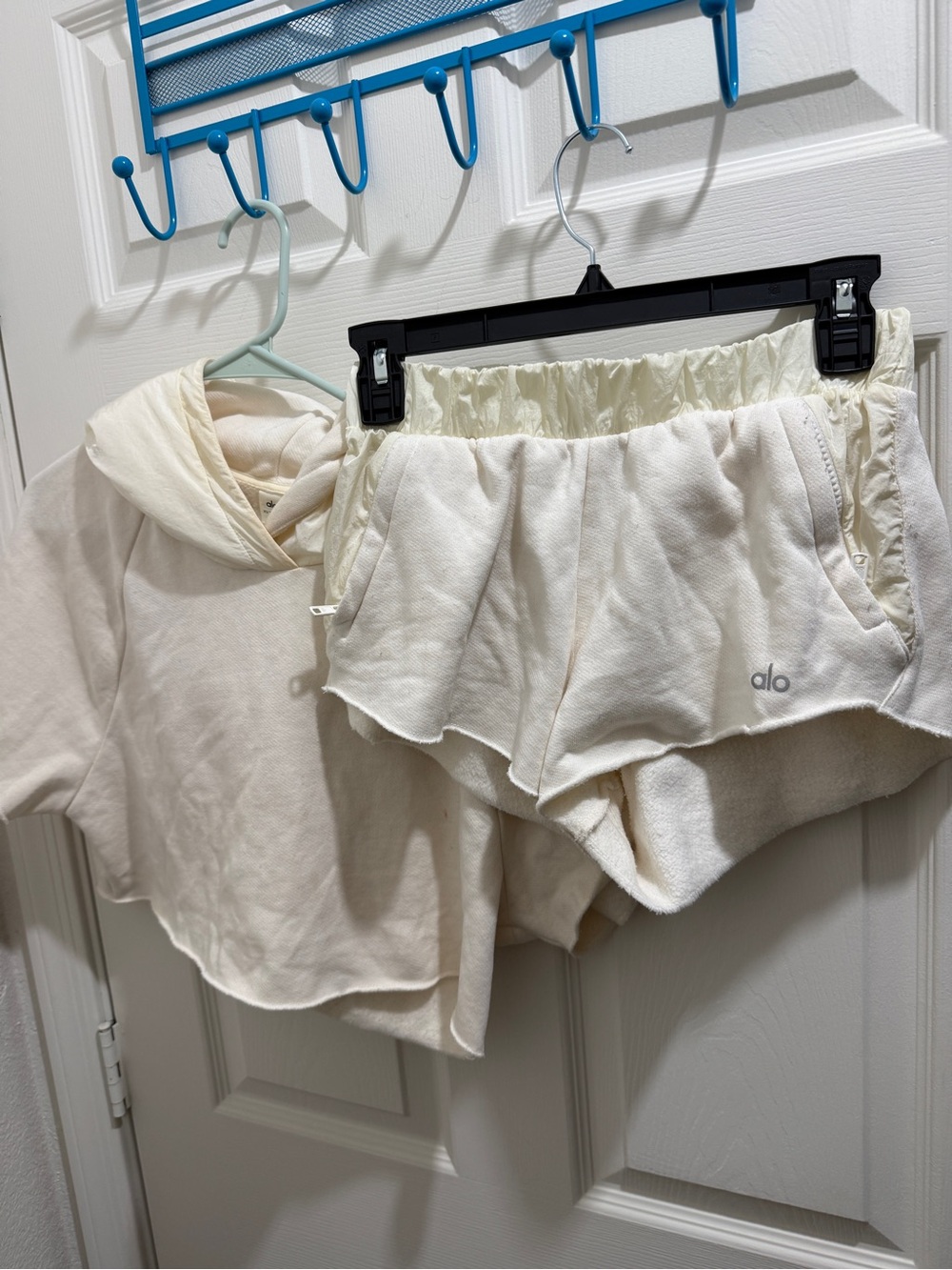 ALO Yoga Cream Terry Cropped Hoodie and Shorts Set